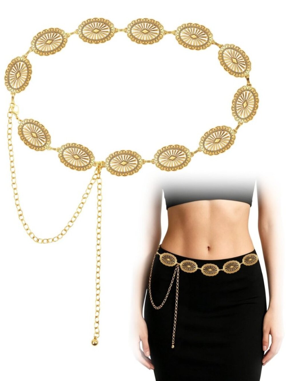 Western Chain Belt for Women: Adjustable Gold Boho Belt, Fits 27-35" Waist for